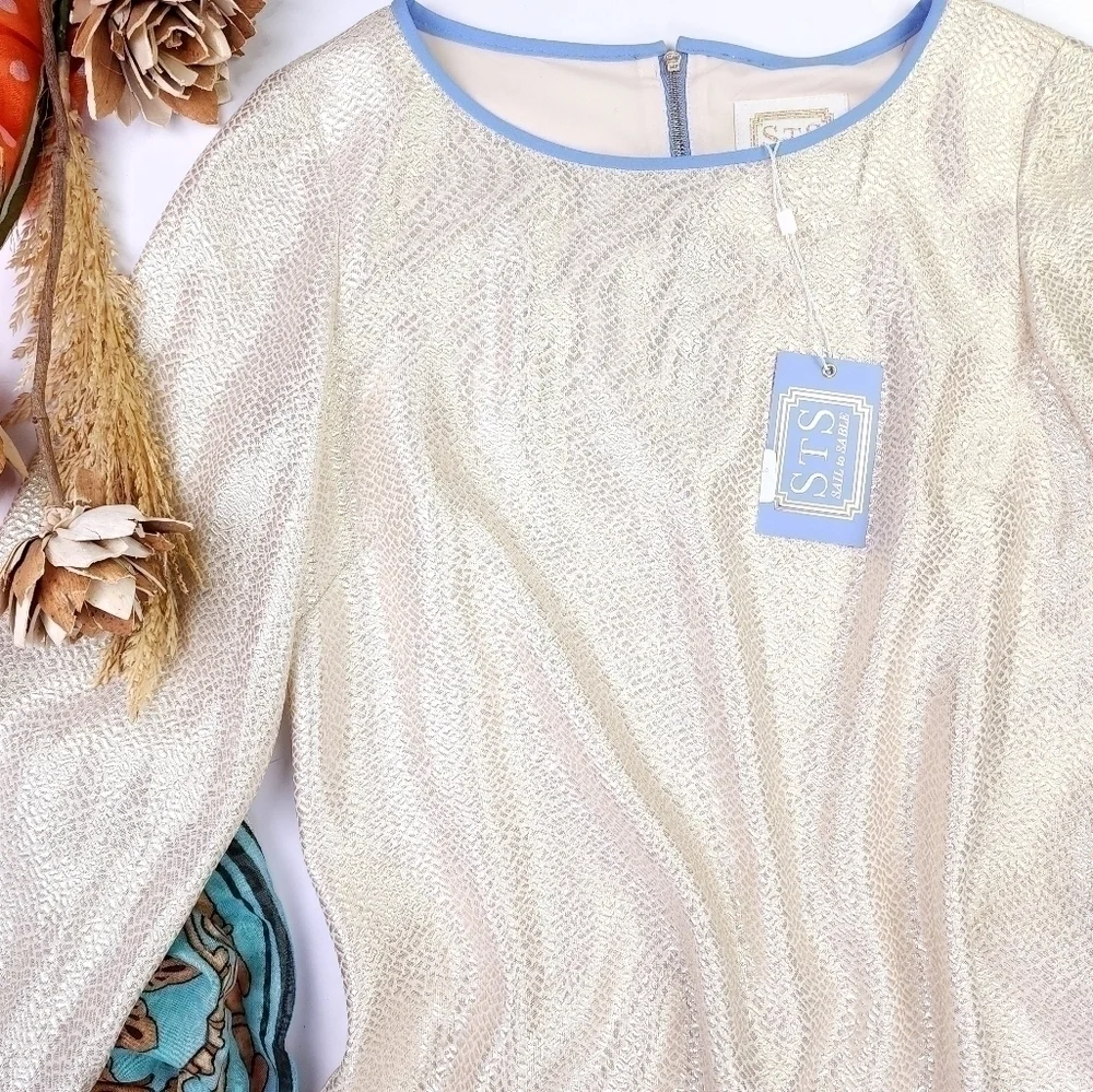 New Sail to Sable Silk Metallic Gold Blue Detailing Dress Sz 4 - Picture 4 of 14